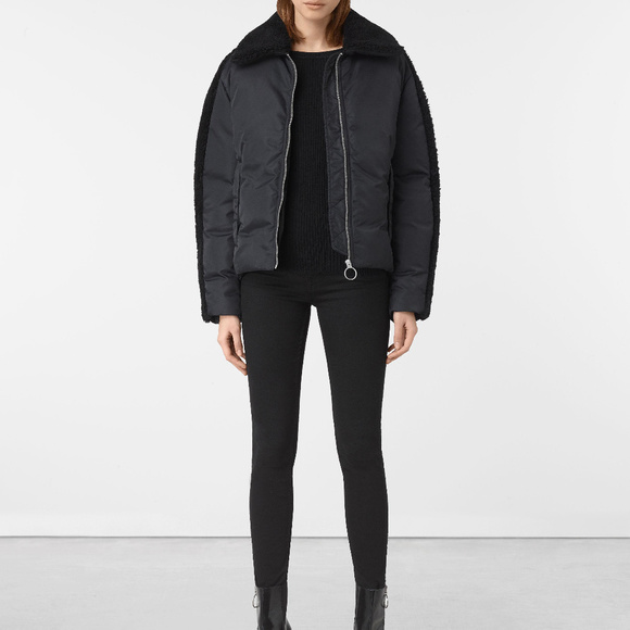 ALL SAINTS Asher Puffer Black Coat Fur Collar xs - Picture 3 of 7